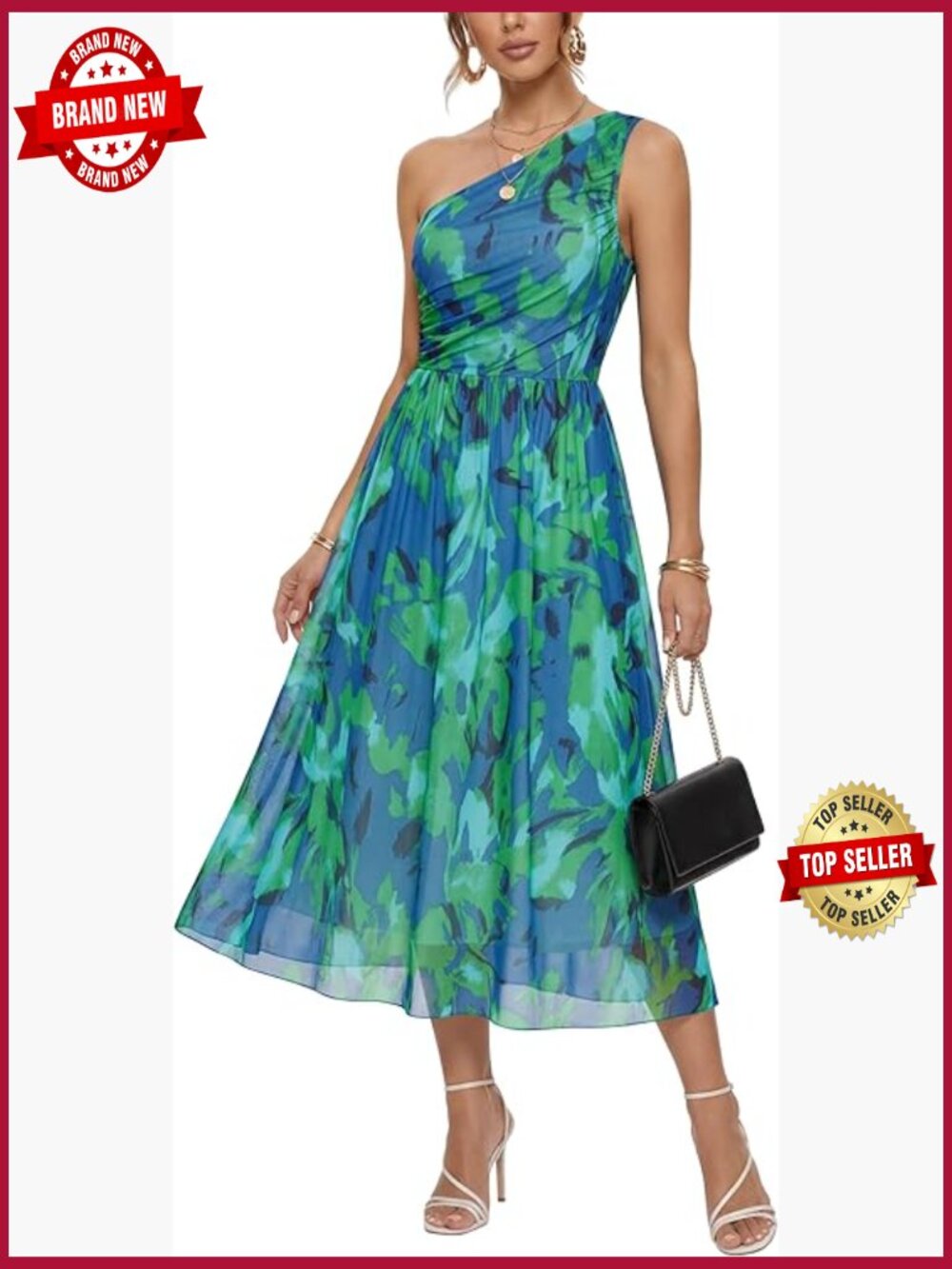 One Shoulder Midi Dress Sleeveless Asymmetric Ruched Fit & Flare Floral